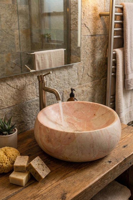 حوض مغسلة حجري دائري وردي – 37 سم